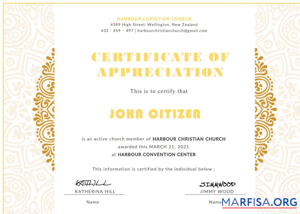 Blank USA Church Certificate of Appreciation real example